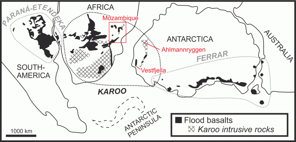 Remnants of the Mesozoic flood basalts on the reconstructed Gondwana supercontinent. In the case of Karoo province, intrusive rocks (formed when the feeding channels and magma chambers crystallized) also shown. Main research areas marked with red. Image: Luomus / Jussi Heinonen