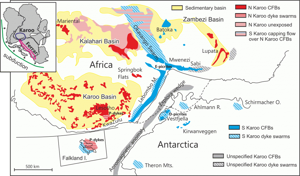 Karoo lavas in the northern part (red) and the southern part (blue) were compositionally different (Luttinen 2018)