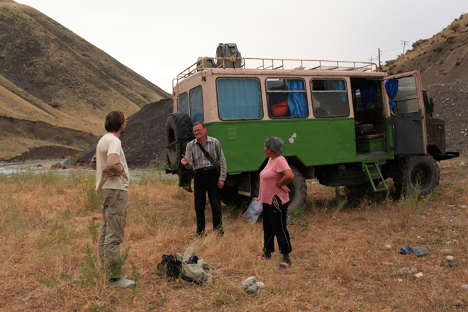 The Soviet military & forestry car GAZ-66 provides fabulous facilities for field work in the mountains. From left to right: Alex Sennikov, Georg Lazkov, Nurgul Karabaeva. Photo: S.Izaev