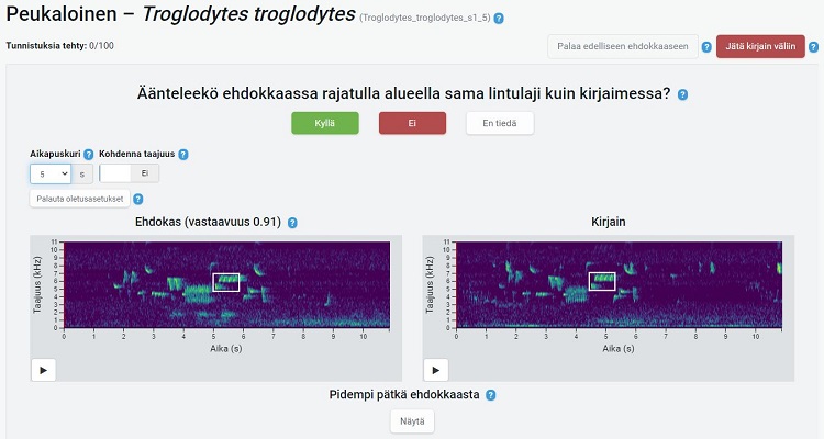 Kertun ensimmäisessä osiossa käyttäjää pyydetään tunnistamaan, että kuuluuko ääniehdokas samalle lajille kuin mallissa. Molemmista äänistä näytetään spektrogrammit, jotka helpottavat äänten tarkastelua. Kerttua käyttäessäsi huomaat pian oppineesi tunnistaa lintujen äänet pelkän spektrogrammikuvan perusteella.