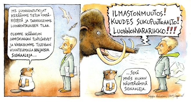 Piirtäjä Seppo Leinonen puki tutkijoiden terveiset kuvaksi.