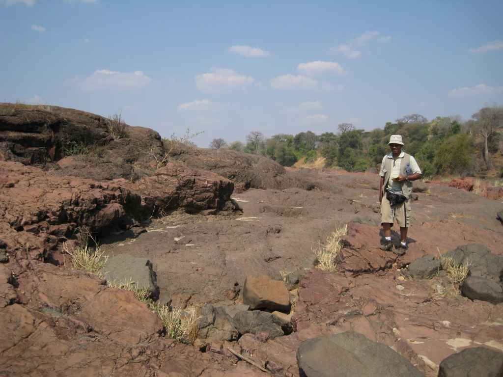 Professor Daúd Jamal standing next to picrite lava outcrops on Luenha River, Central Mozambique. Photo: Jussi Heinonen.