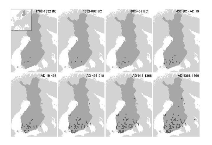 Radiohiiliajoituksiin perustuva kartta viljan siitepölyn ilmaantumisesta näytteisiin (kuva: Miikka Tallavaara)