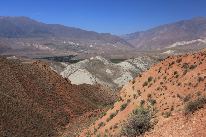 Red clay and gypsum (versicolour) denudations along Kokomeren River; this type of landscape is the richest in endemics of vascular plants. Photo: A.Sennikov